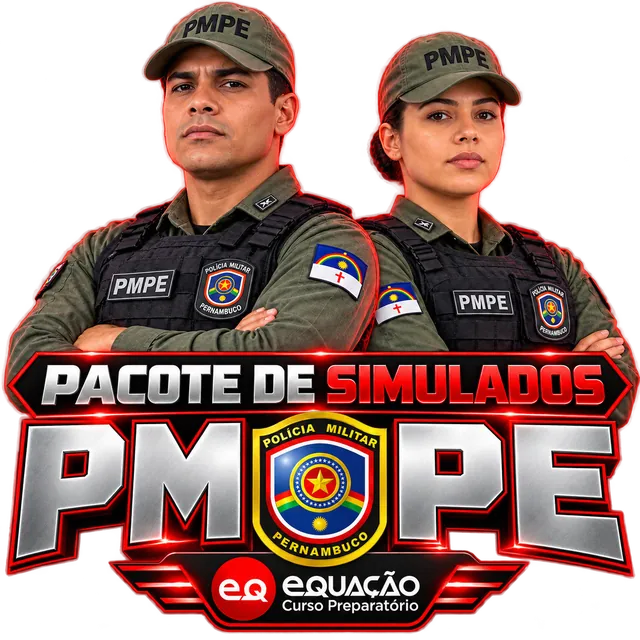 Pacote de Simulados PMPE — um policial e uma policial, brasão de Pernambuco entre PM e PE e marca Curso Equação