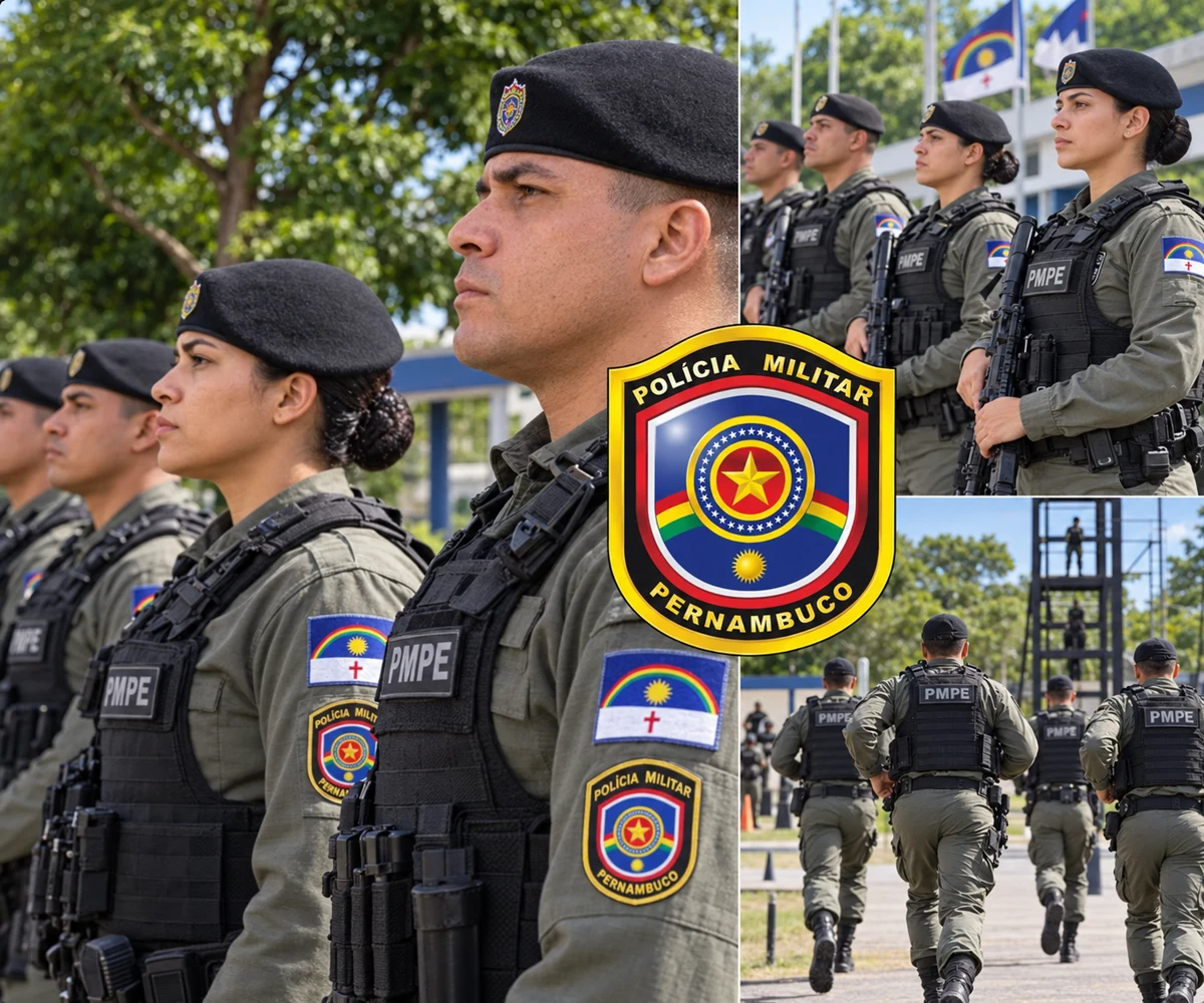Montagem ilustrativa de policiais em formação com fardas da PMPE e brasão da Polícia Militar de Pernambuco